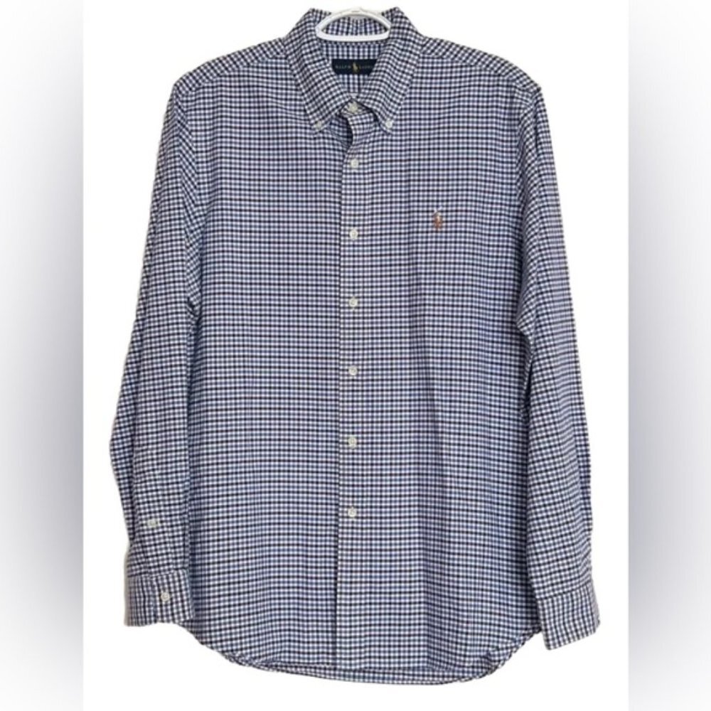 Ralph Lauren 100%‎ Cotton Button Down Long Sleeve Blue Plaid Shirt Size L